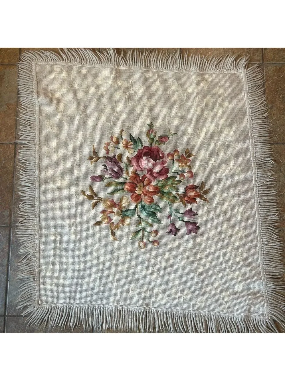 Vintage Needlepoint Tapestry Wool Floral Wall Hanging Fringe Multicolor  40x44”